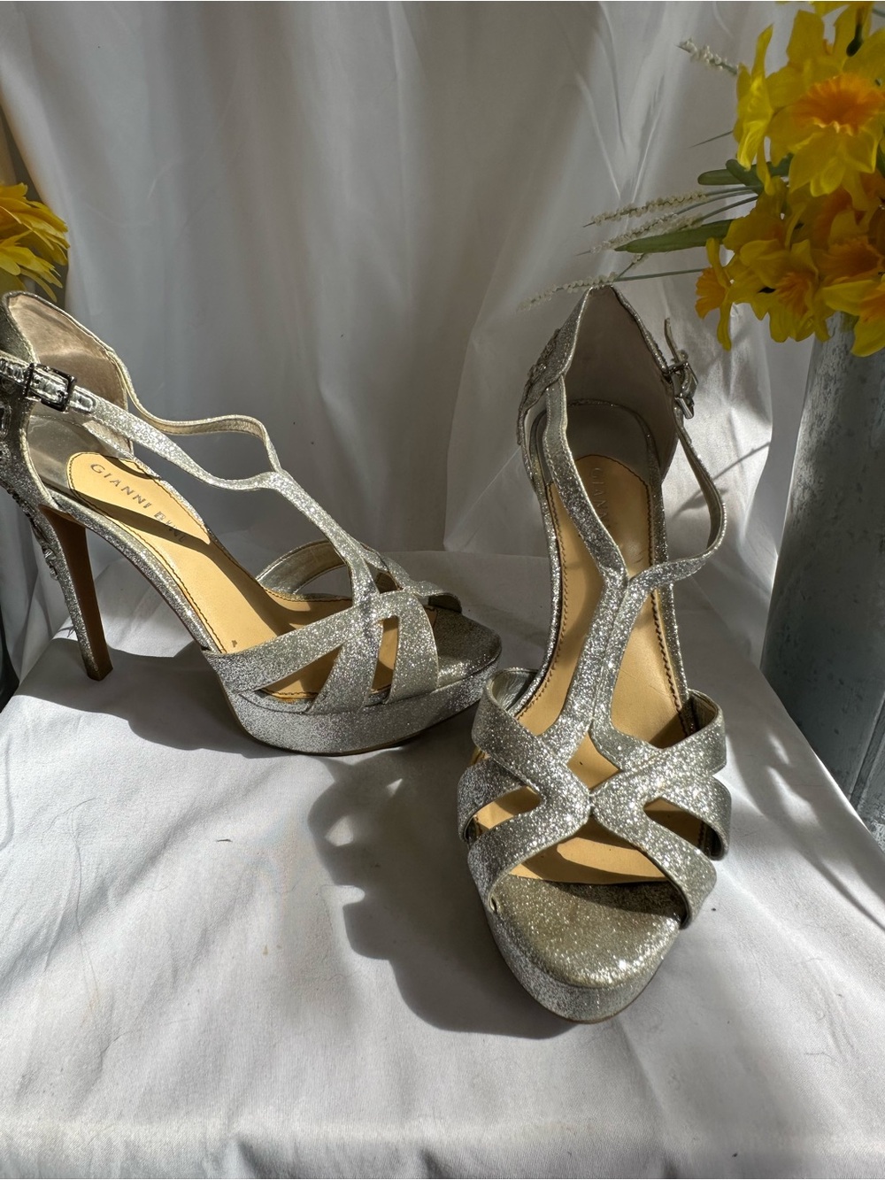 Gianni Bini Silver Glitter Strappy Platform Heels